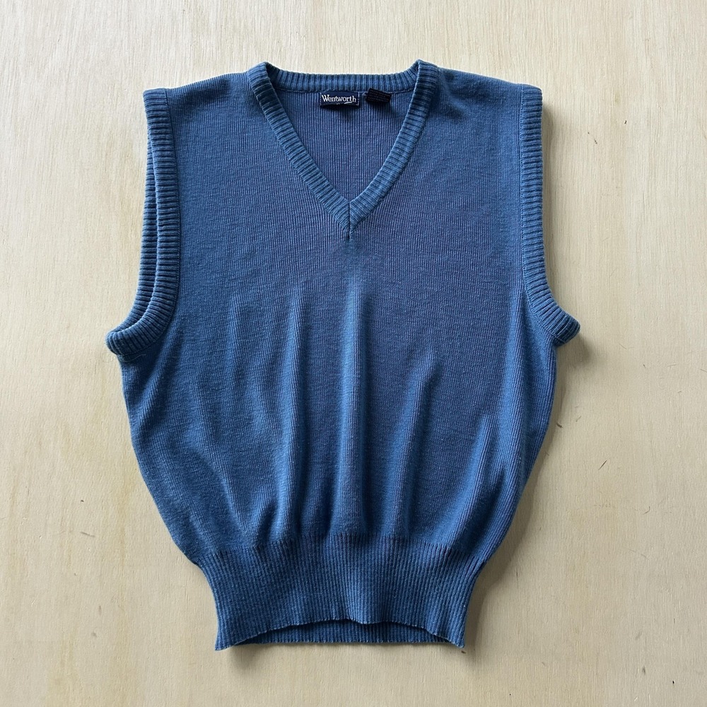 Vintage 90s Wentworth Sweater Vest Mens Large Blue V Neck Tight Knit Acrylic